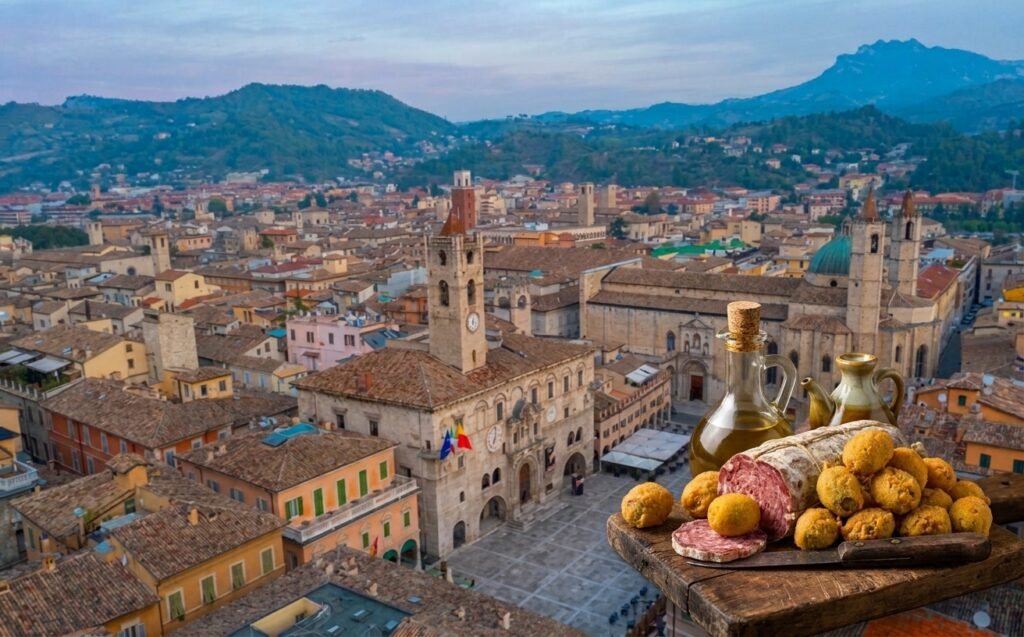 Piazza del Popolo di Ascoli Piceno vista dall'alto con a lato un tagliere con sopra Ciauscolo (tipico salume Marchigiano) e Olive Fritte Ascolane. Sul retro, troviamo dell'olio d'oliva.